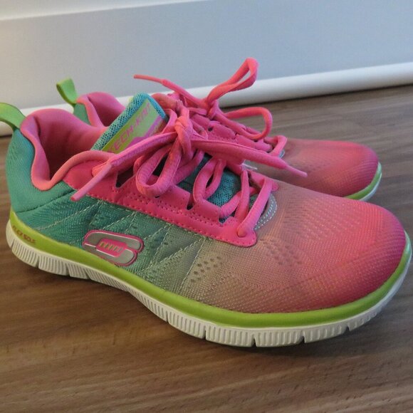 SKECHERS Flex Appeal Memory Foam Cosmic Pink Green Athletic Sneakers Shoes US 5 - Picture 2 of 13